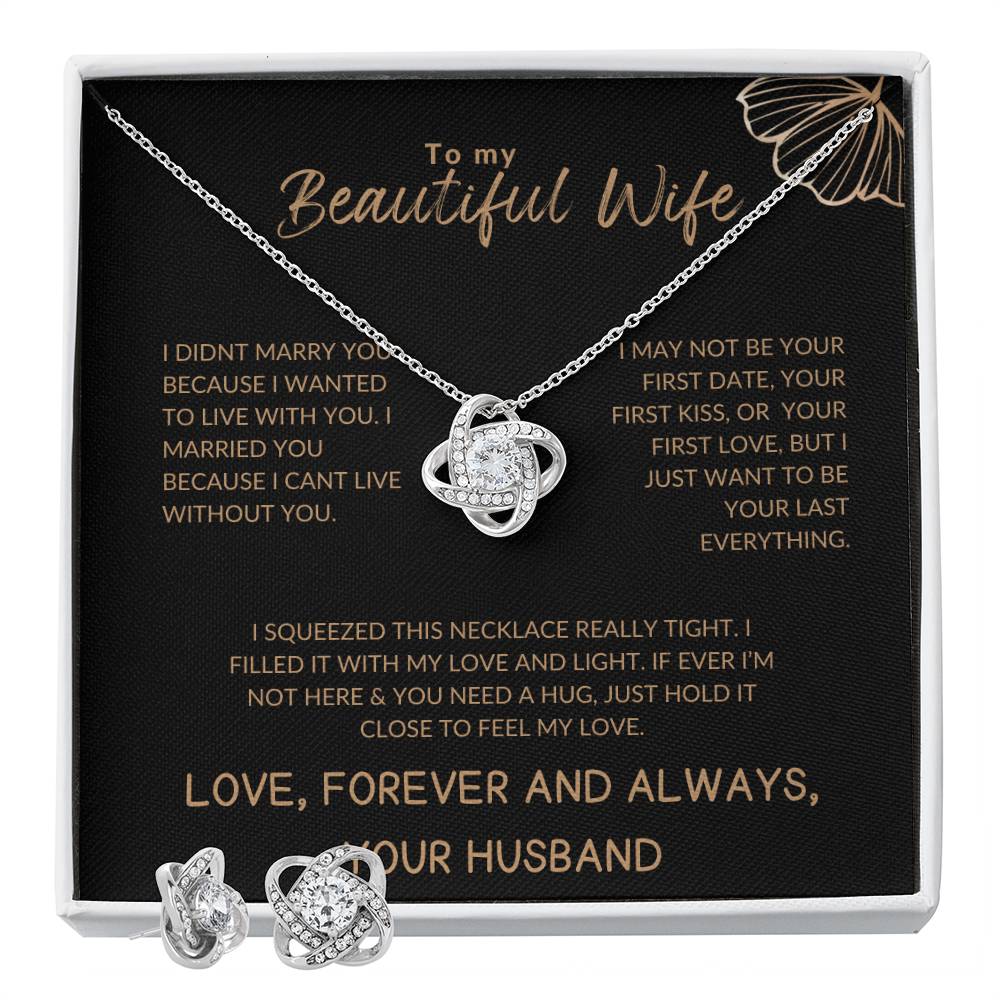 To My Beautiful Wife Luxury Gold Love Knot Necklace & Earrings Gift Set