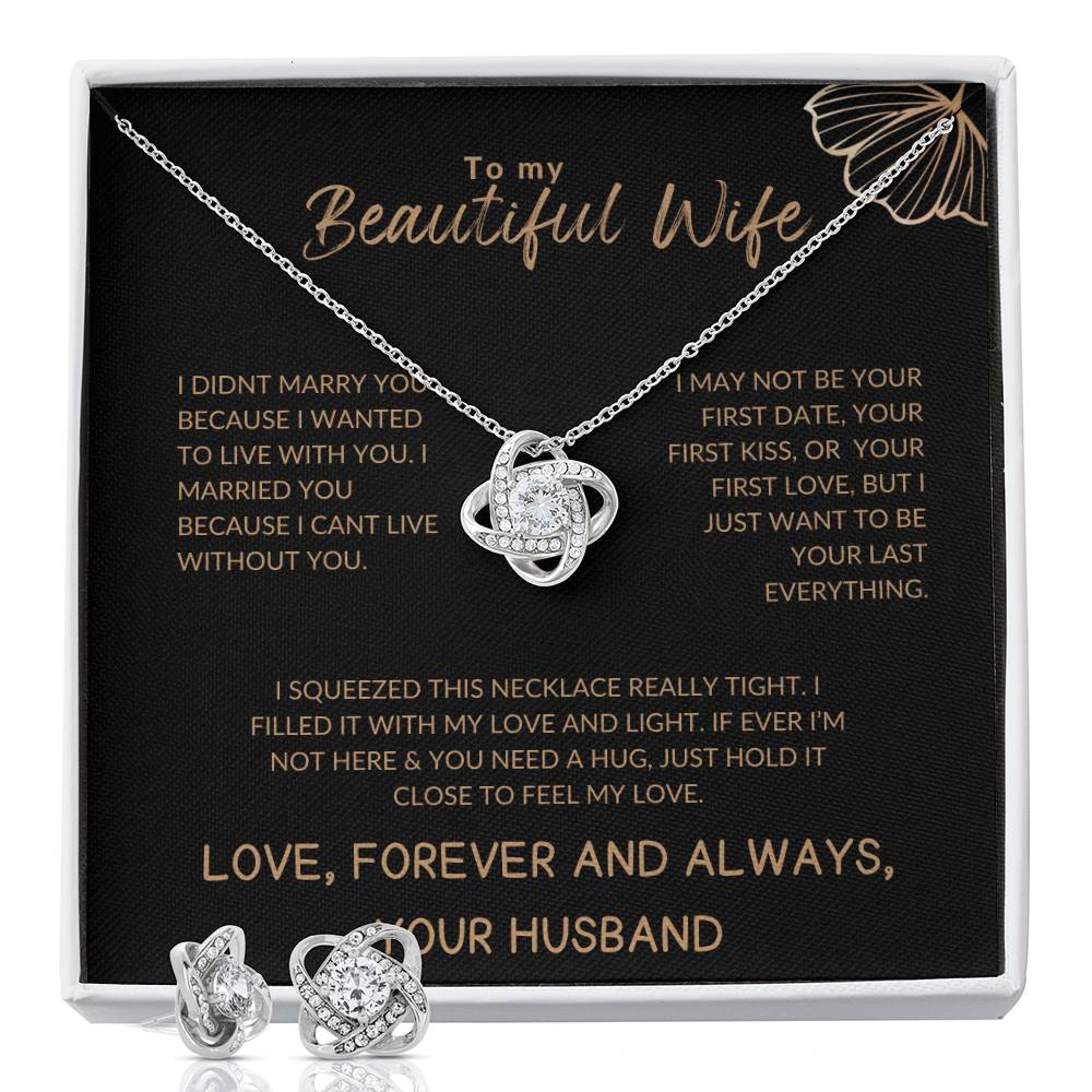 To My Beautiful Wife Luxury Gold Love Knot Necklace & Earrings Gift Set