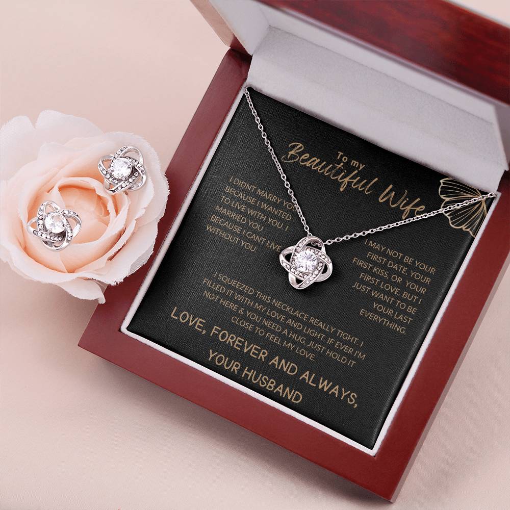 To My Beautiful Wife Luxury Gold Love Knot Necklace & Earrings Gift Set