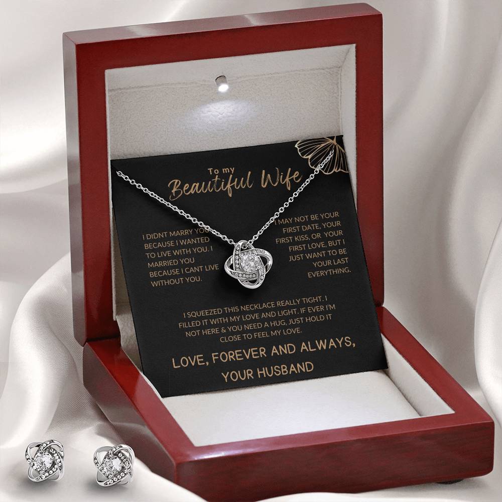 To My Beautiful Wife Luxury Gold Love Knot Necklace & Earrings Gift Set